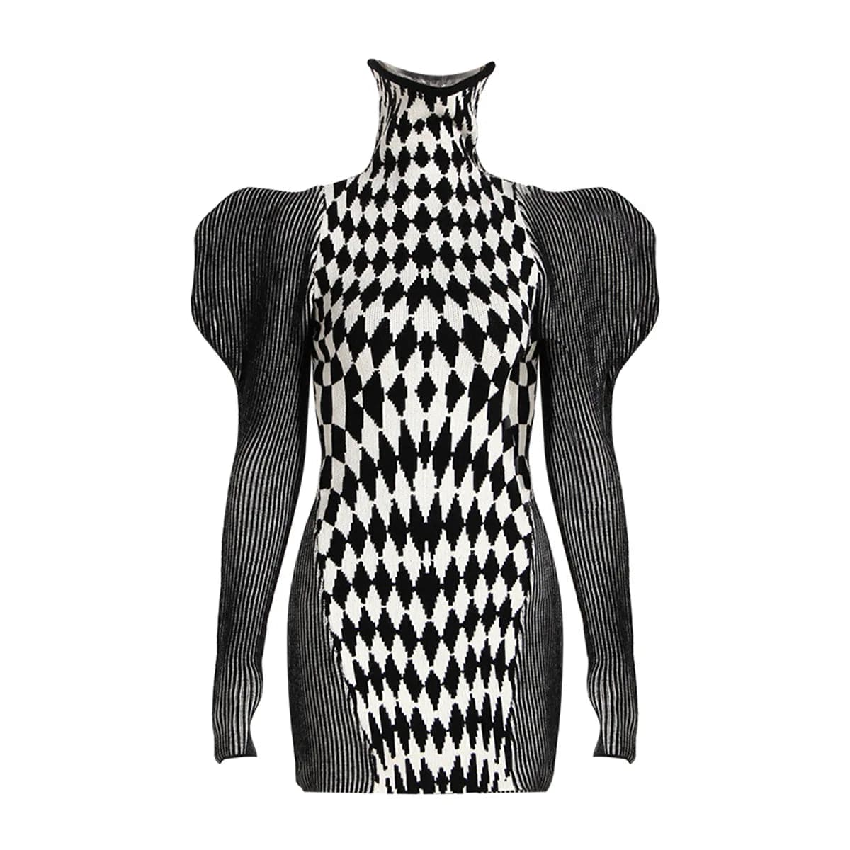 L / Black OUDINA Stylish Winter Plaid Turtleneck Diamond Print Pattern High Collar Knitted Women's Sweater Dress