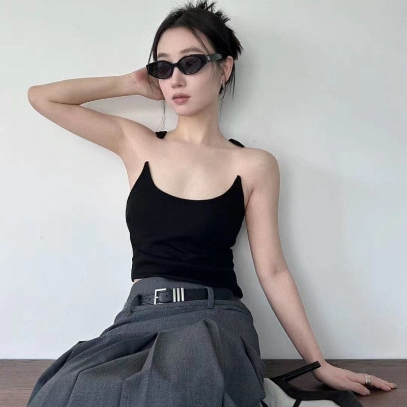 L / black OUDINA Summer Cheap High Quality Fishing Line Solid Color Elastic Female Tshirt Vest Crop Top For Women Cute Tops