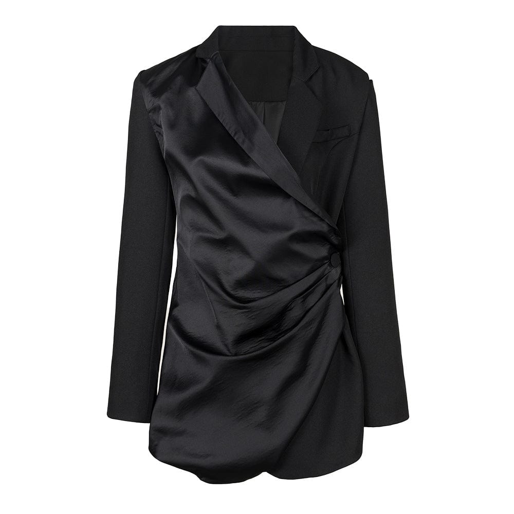 L / black OUDINA Unique Stylish Irregular Pleated Single Button Elegant Satin Suits And Blazers Ladies Women Jacket Blazer