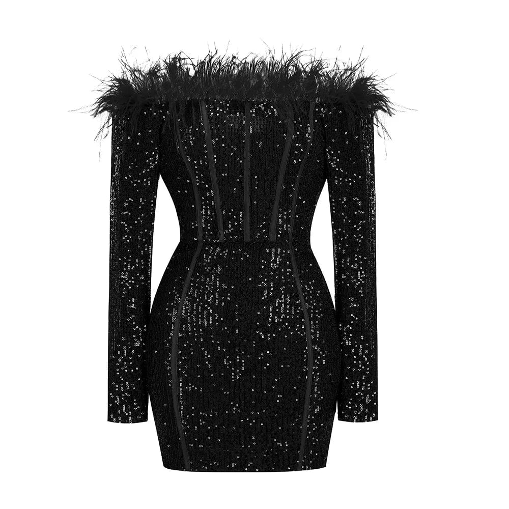 L / Black OUDINA Wholesale New Style Feather Sequins Sexy Shinny Long Sleeve Party Dress Evening Elegant Dress For Women