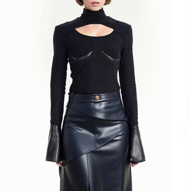 L / Black OUDINA Women's Clothing New Tops Sexy Slim Fit Bottoming Shirt Hollow Stitching PU Cuff Design Knitted Top
