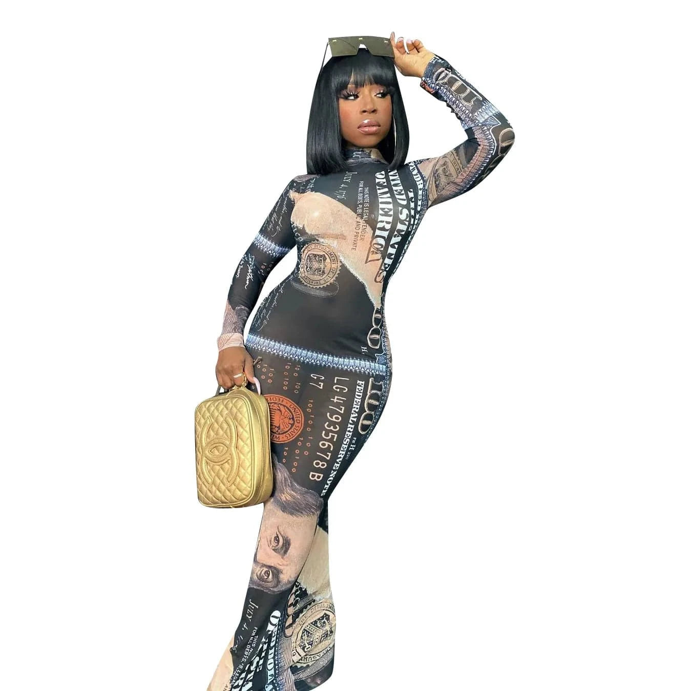 L / Black Printed Long Sleeve Net Yarn Maxi Dress