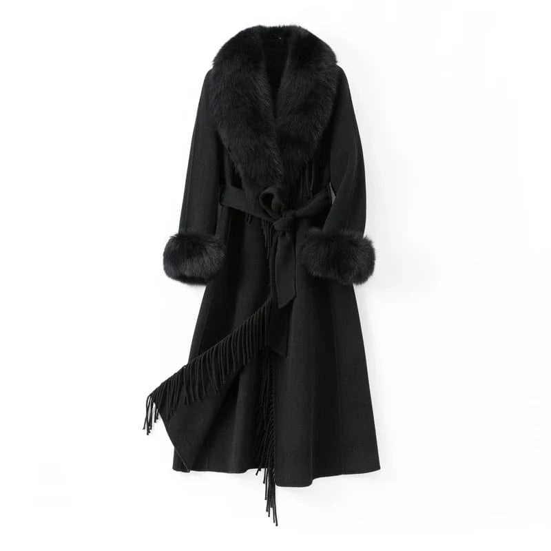 L / Black Pudi Women Real Fur Coat Jacket Female Lady Wool Blends Fox Fur Collar Coats Jackets Fleece Long Autumn Knitted Woolen Windproof