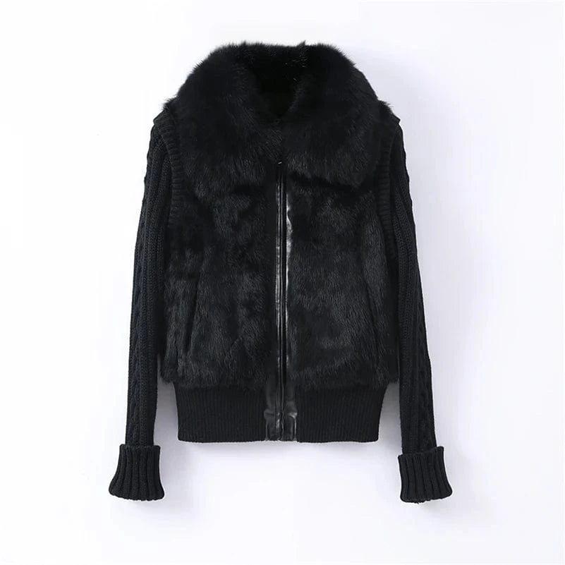 L / Black Pudi women Real Rabbit Fur Jacket Coat Female Winter Fox Collar Sweater Parka Vest Jackets CT138