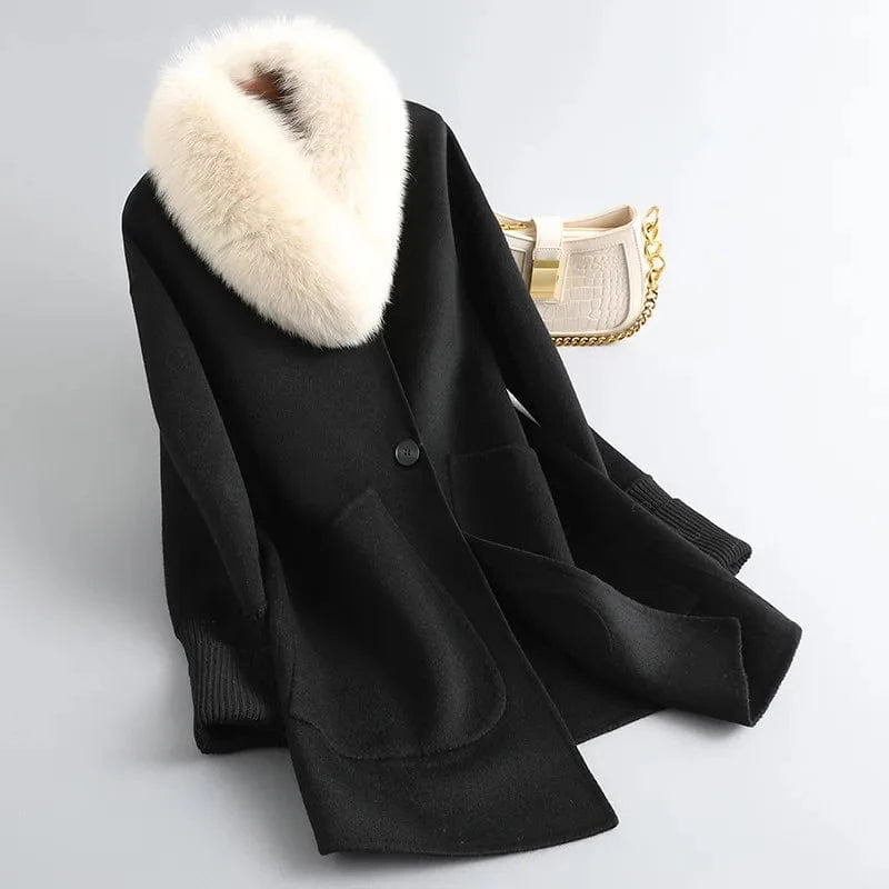 L / Black PUDI Women Real Wool Fur Parka Trench Winter Female Warm Fox Collar Coat Jacket CT141