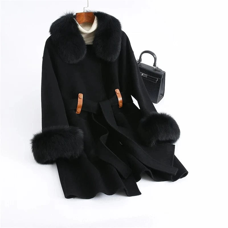 L / Black Pudi Women Winter Real Fox Fur Coat Jacket Female Lady Over Size Wool Blends Parka Trench Cape Z21172