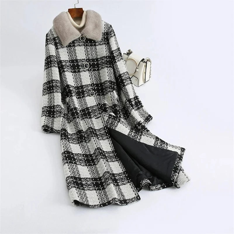 L / Black Pudi Women Winter Real Mink Fur Coat Jacket Ins Hot Lady Over Size LONG Wool Blends Parka Trench Z21010