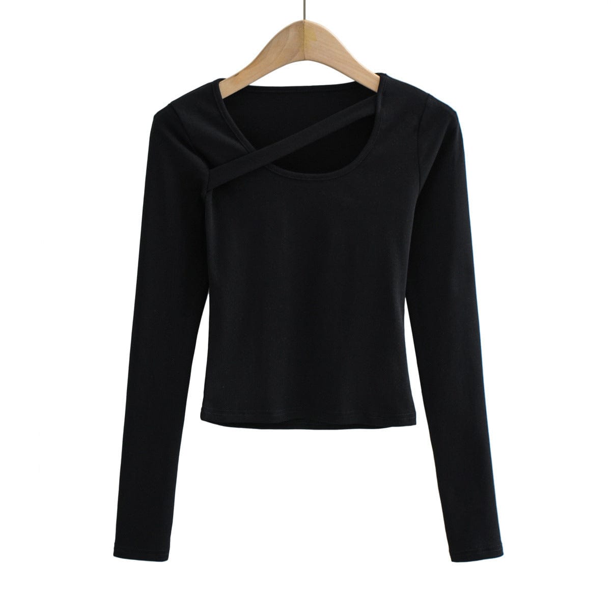 L / Black R20121S Women's spring unique design solid color one word with U-neck long-sleeved slim T-shirt top