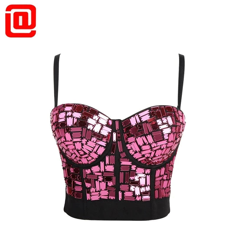 L / Black Red Hot Sales Women Rhinestone Diamond Corset Top Square glass Crystal Bodycon slings Bra Top