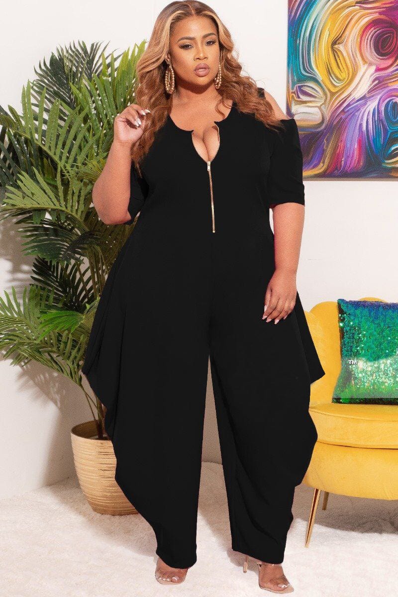 L / Black S66305 Fashion Plus Size Women's Solid Color Leaky Shoulder Sexy V-Neck Zipper Ladies Jumpsuit