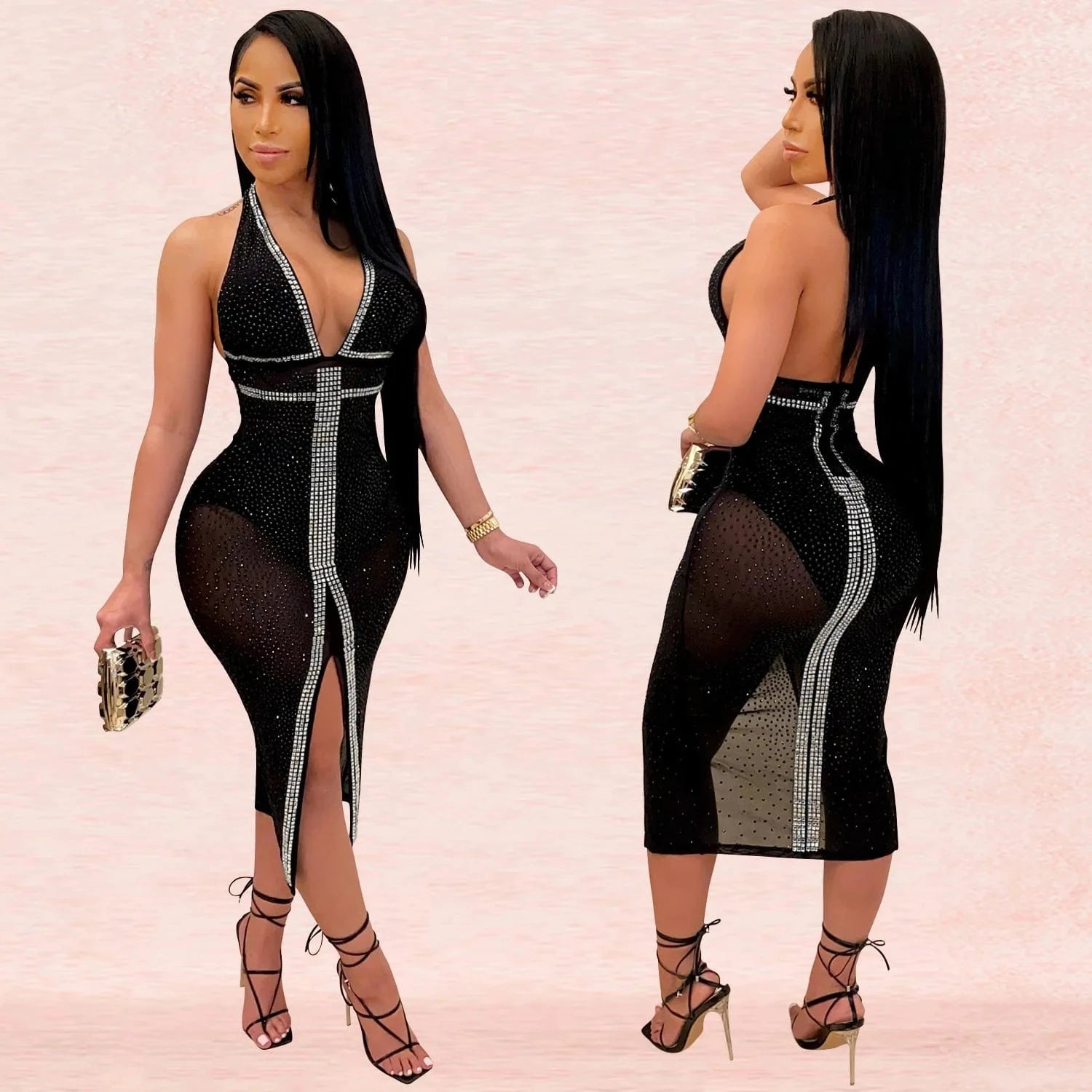 L / Black Sexy New Spring Summer Halter Sequined Slit Skinny Midi Dress Fashion Women Hot Sheer Layer Backless Night Club Dress