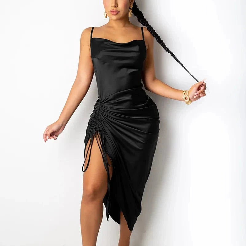 L / Black Sexy Ruched Satin Summer Dress Drawstring Spaghetti Straps Cowl Neck Backless Long Dresses for Women Party
