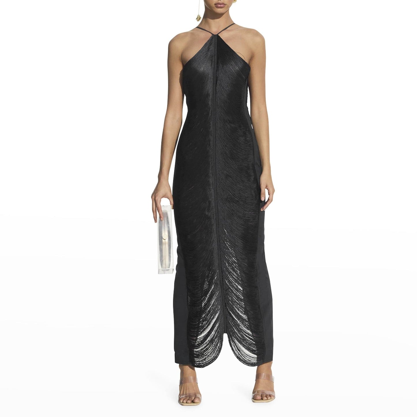 L / black Sexy v-neck backless women 	 2022 tassel prom dresses party evening dress