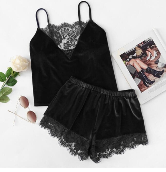 L / black Sexy Velvet Womens Pajamas Pijamas Mujer Pyjama Femme 2 Piece Set