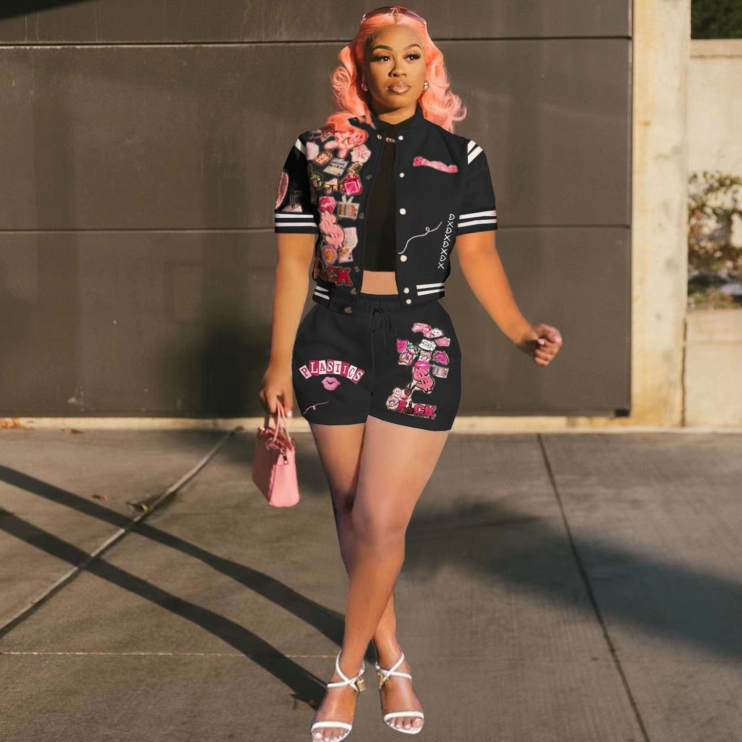 L / black Sharee 2023 Hot Selling Women Summer Clothes With Button Print Baseball Jacket Shorts Set Women 2 Piece Sets