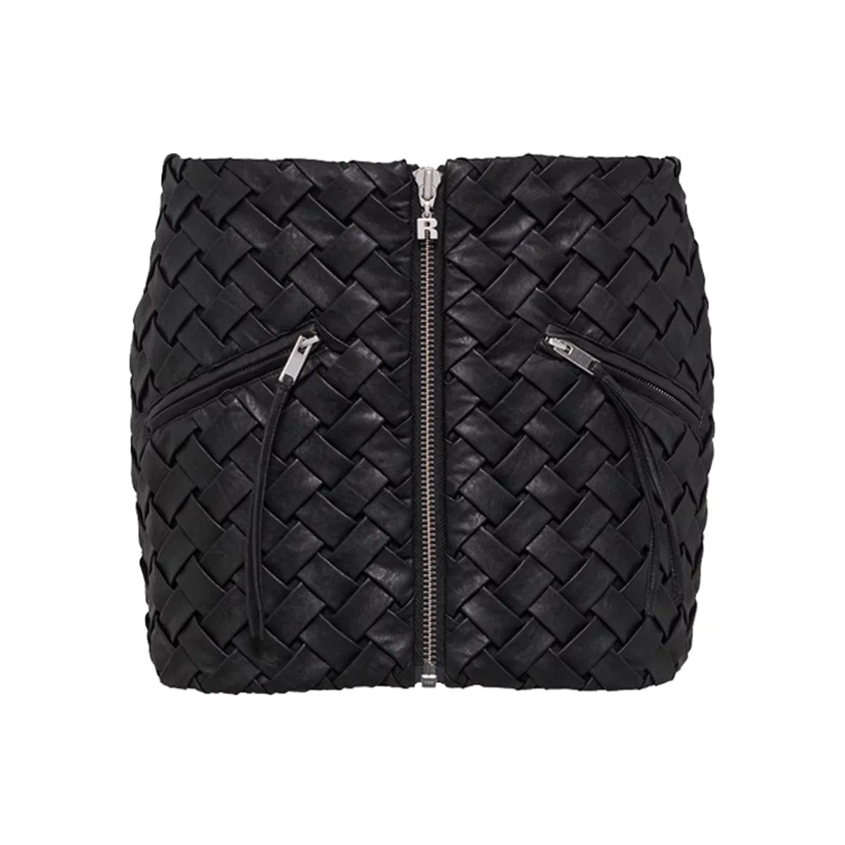 L / Black Skirt OUDINA Custom OEM Black Woven Textured Zipper Jacket And Mini Skirt Set PU Leather Two Piece Sets For Women