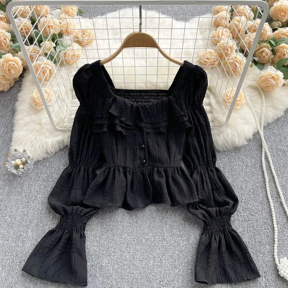 L / Black Spring and Autumn New Women Ruffle Square Neck Pretty Flare Long Sleeve Blouse Shirt