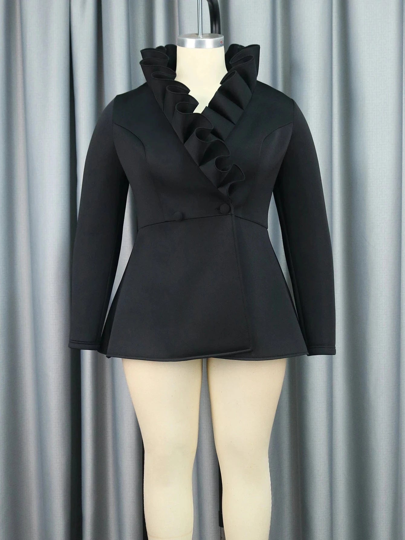 L / Black Stand Collar Full Sleeves African AOMEI Ruffle Women Winter Blouses