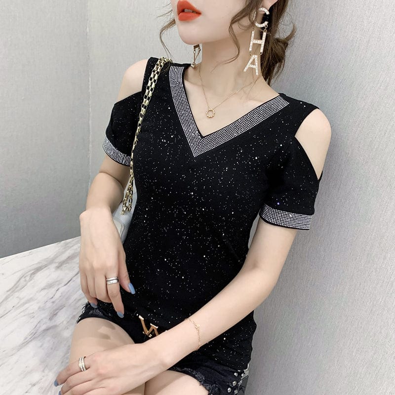 L / black Summer 2022 T-Shirt Women Sexy Off-shoulder V-neck Handmade Diamonds Beading Striped Women Tops Tees Short Sleeve New T25404