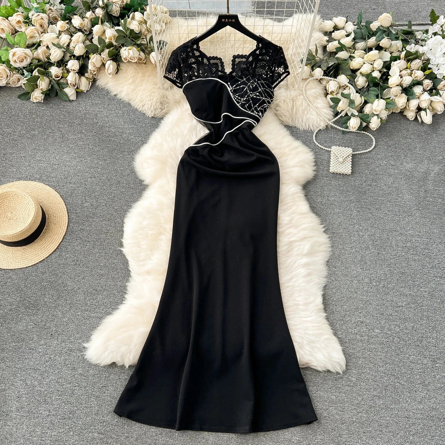 L / Black Summer New Elegant Dress Heavy Industry Beads Stitching Fashion Short Sleeve Dress Slimming Slit Sheath Sexy Dress