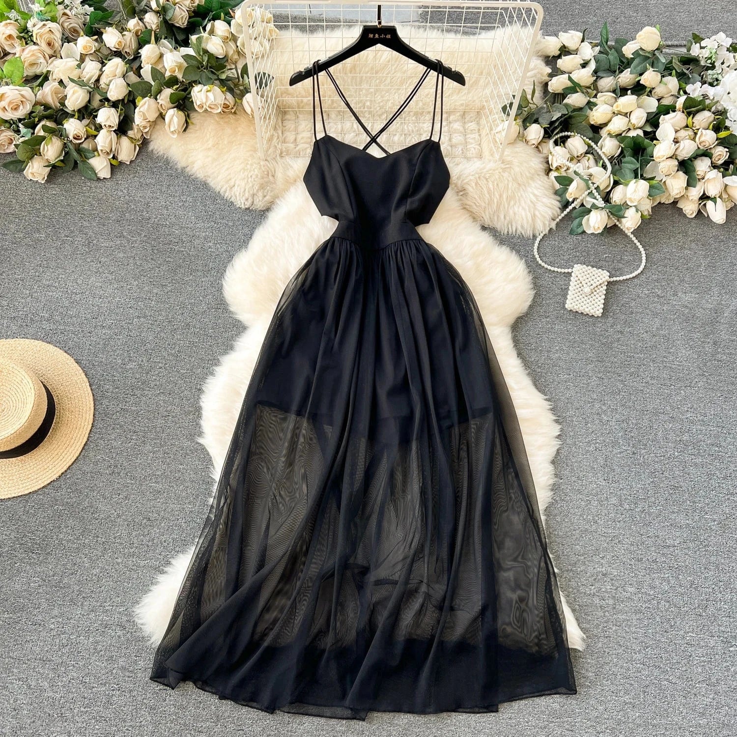 L / Black Summer Sexy Tunic Slim Midi Dress For Women Sleeveless Backless Mesh Vestidos Ladies Elegant Dresses Clothes Women