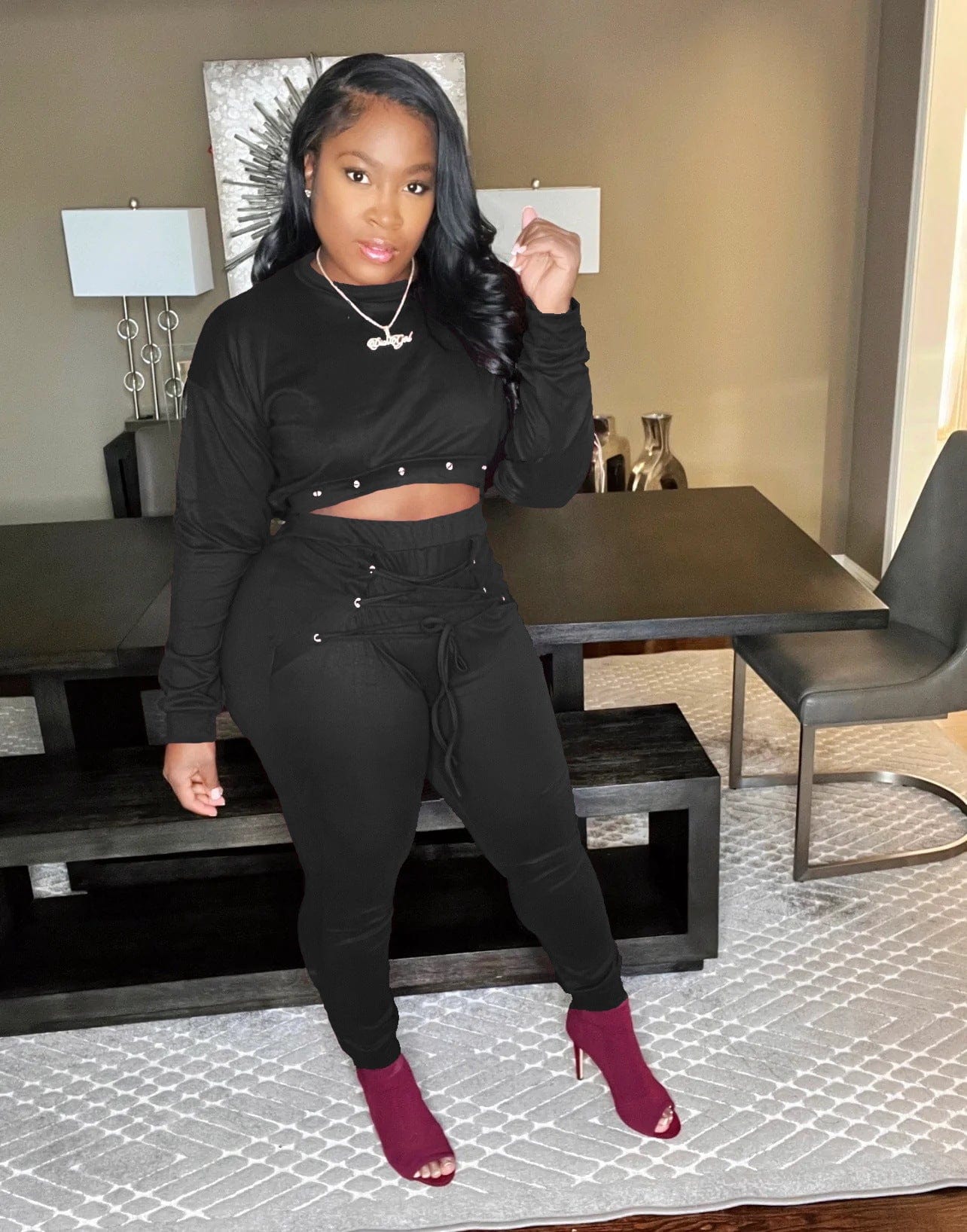 L / black Trendy Corn straps 2 Pieces Pants Set Solid Tights Pants Sets for Jogger Sets 2 Piece Winter&fall Women Clothing