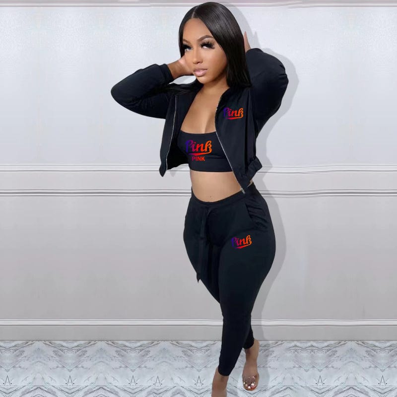 L / black Trendy Women Clothes Casual Print Gradient Patchwork Sweatsuit Hooded Collar Long Sleeve Three Pieces