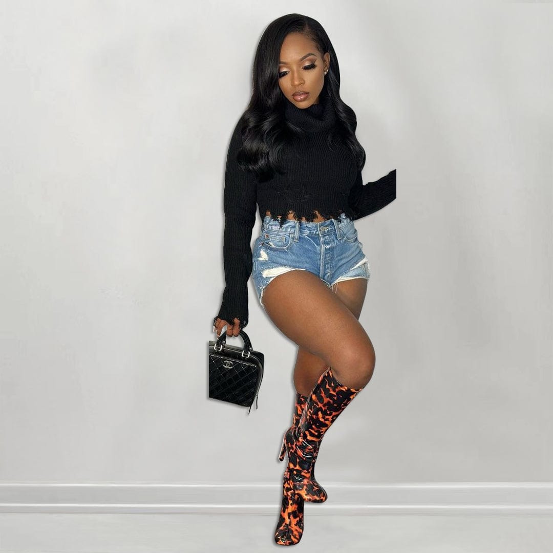 L / black Trendy Women Clothes Winter Warm Turtleneck Long Sleeve Knitted Irregular Sweater with Tassel