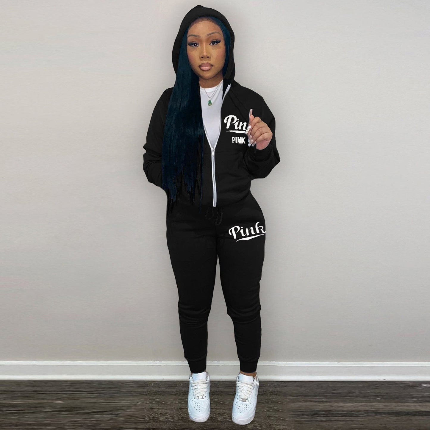 L / black Trendy Women Clothes Women's Fashion Printed Sweatshirt Hoodie 2 Piece Pant Set