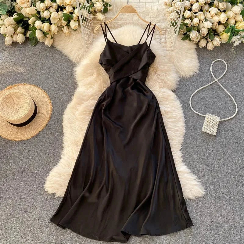L / Black Vacation Premium Cross v Neck Sexy Strapless Evening Dress Slim Long Dresses
