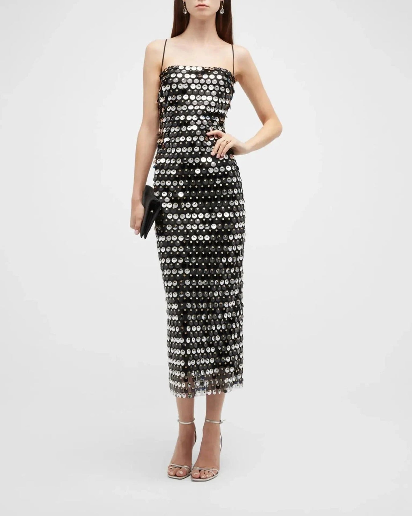 L / Black W-S1173A Sexy Backless Sequined Strap Tube Top Dress Solid Straight Long Vestidos Slip Evening Robe
