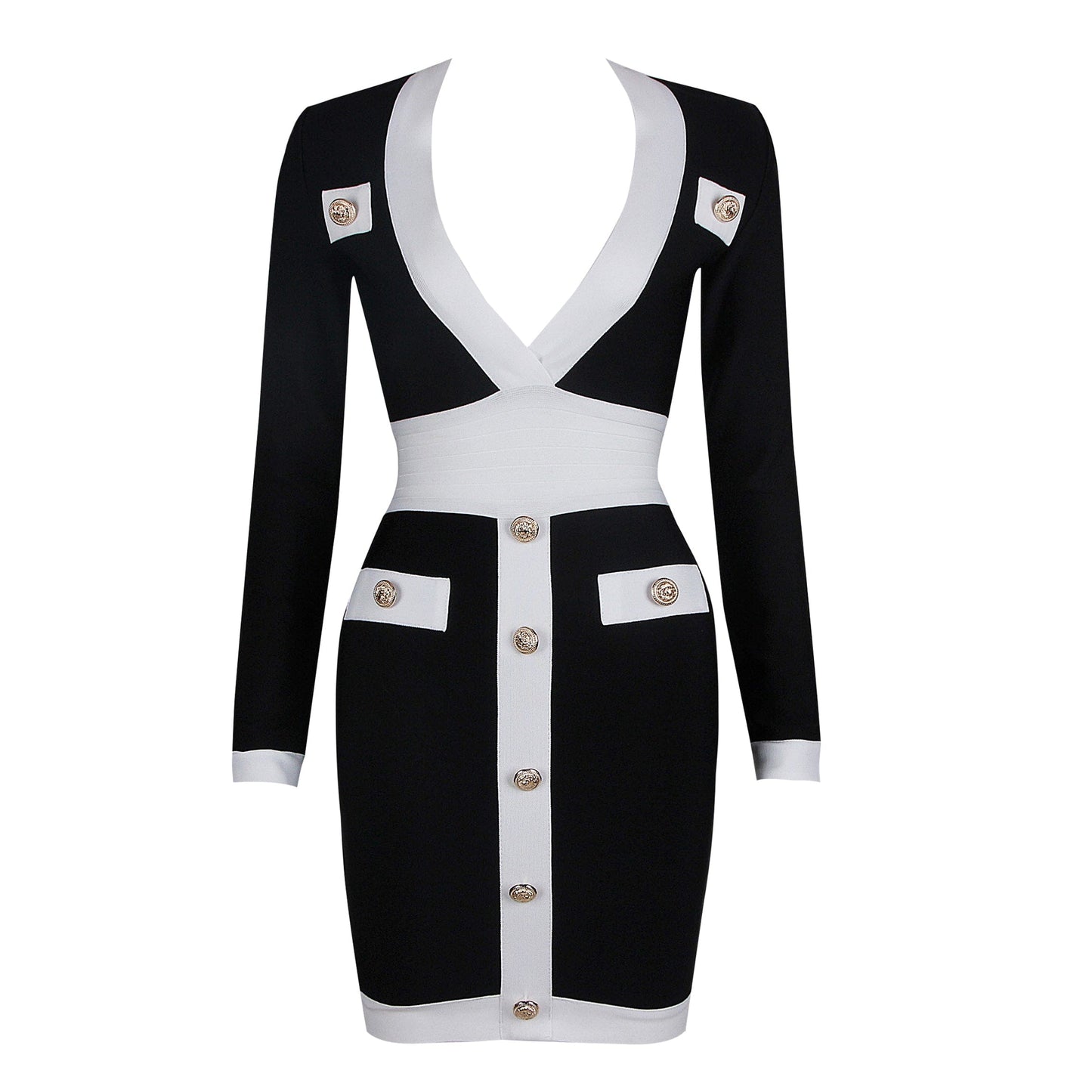 L / black White Women Bandage Deep V-Neck Buttons Mini Dresses Office Long Sleeve Evening Party Clothing