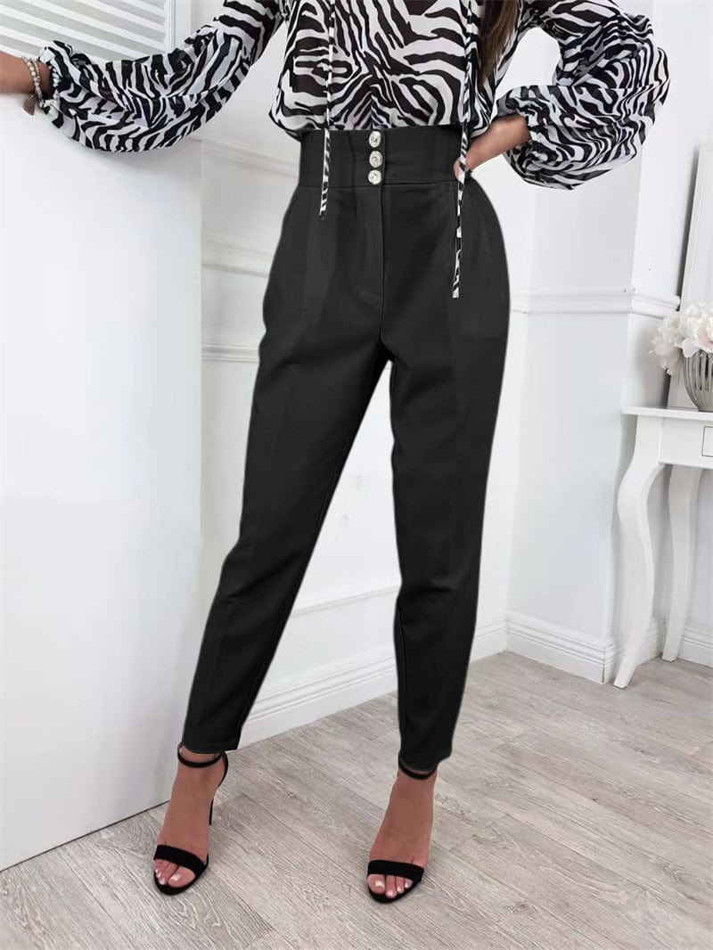 L / black white women high waist straight cut leg palazzo office wear pants women high waist trousers for women lady office high waist