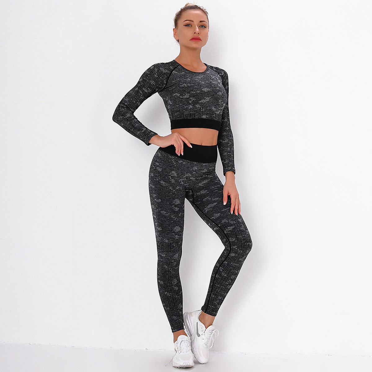 L / black Wholesale Fitness Apparel Sports Long Sleeve Women Printed Sets High Waist Leggings Yoga Sets Seamless Camouflage Set