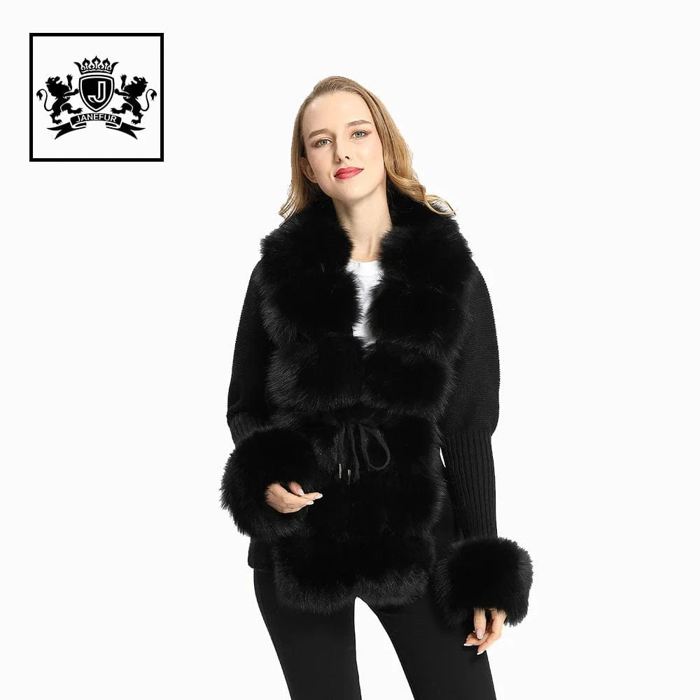 L / Black Wholesale Ladies Autumn Winter Knitted Fox Fur Trim Wool Fur Sweater