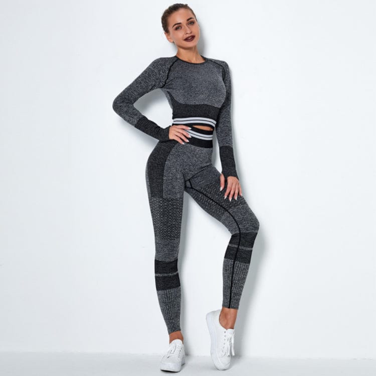L / black Wholesale Seamless Comfortable Breathable Fitness Long sleeve Yoga Set Women Tight Elastic Yoga Track Suit