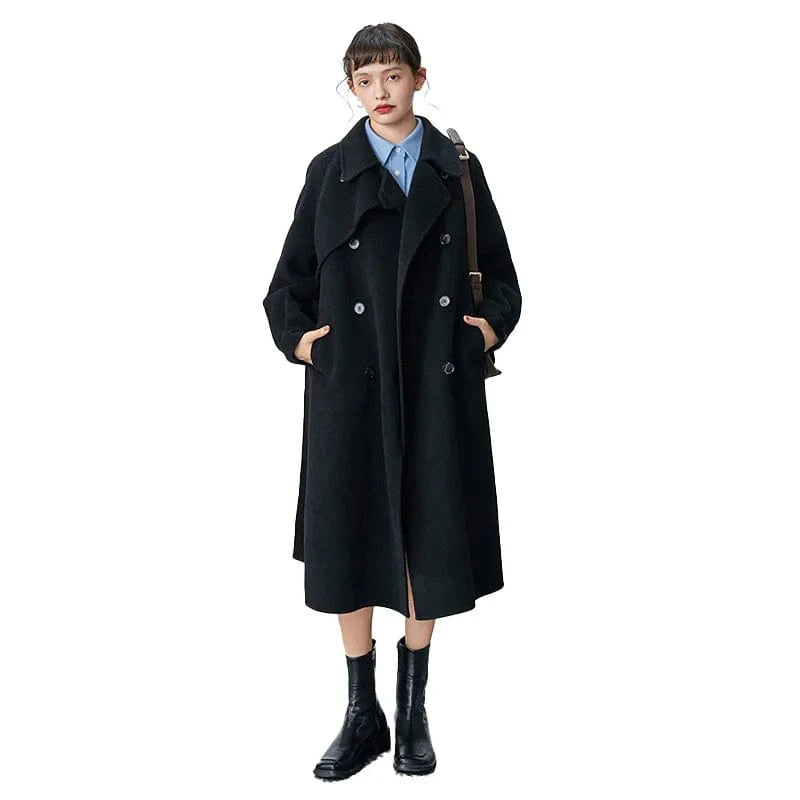 L / Black Winter Warm Thick Genuine Lamb Wool Overcoat Long Women Cashmere Coats