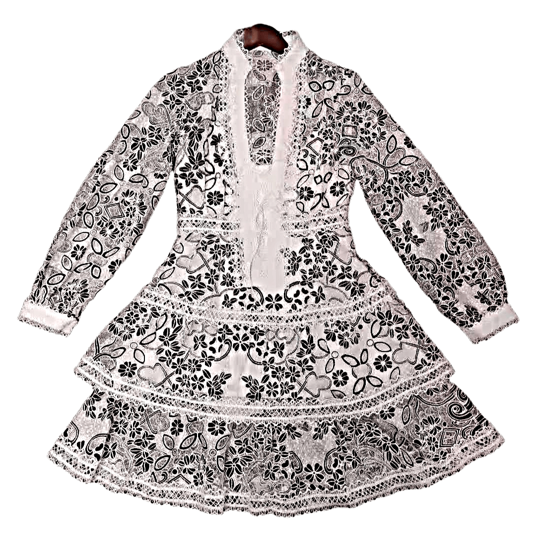 L / black Wom Clothes Habits Femmes Designer Clothes Famous Brands Women Stand Collar Long Sleeve Layered Lace Ladies Dress