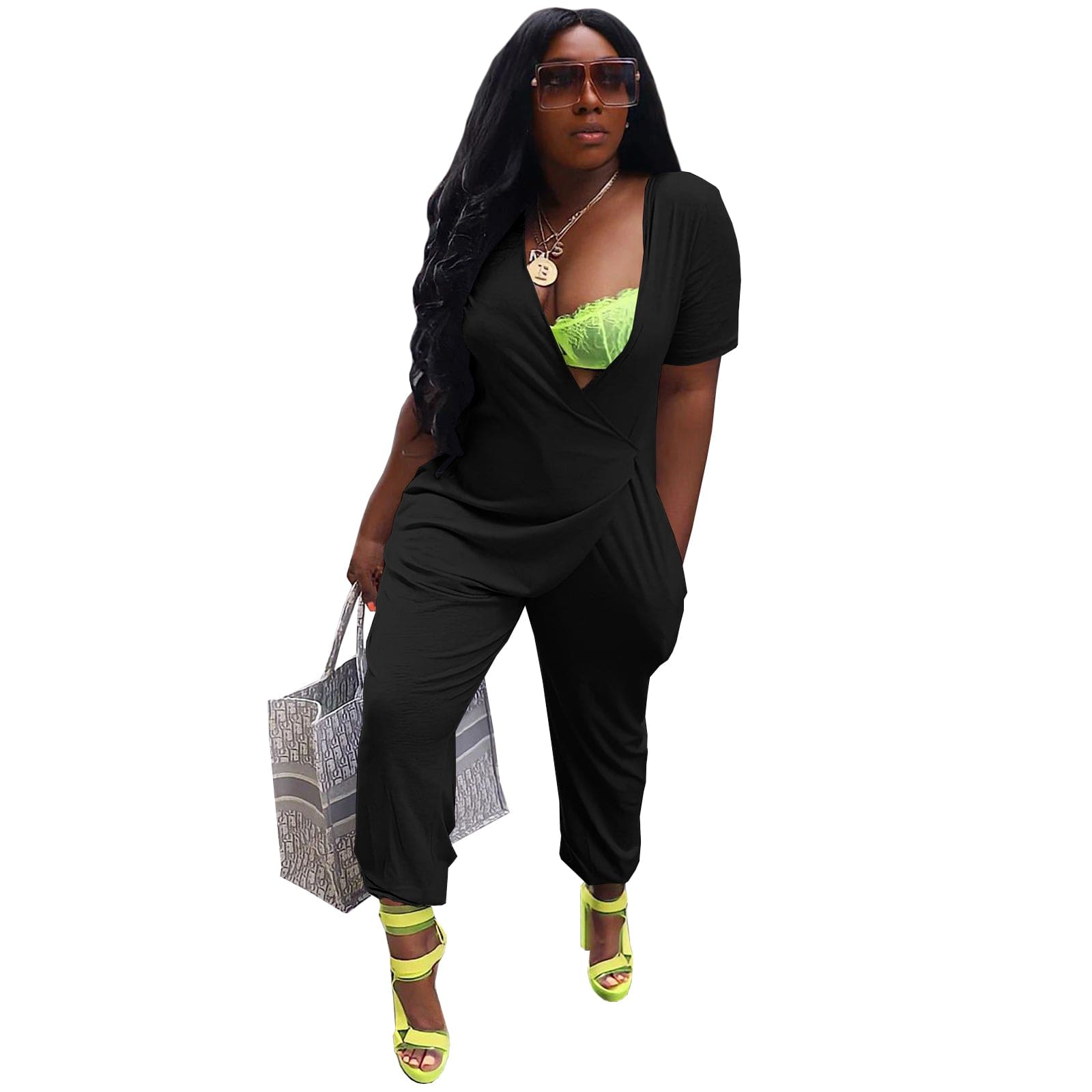 L / black Women Fall Fashion 2022 Solid Color Deep V Jumpsuit Office Irregular Women Rompers And Jumpsuit Rompers