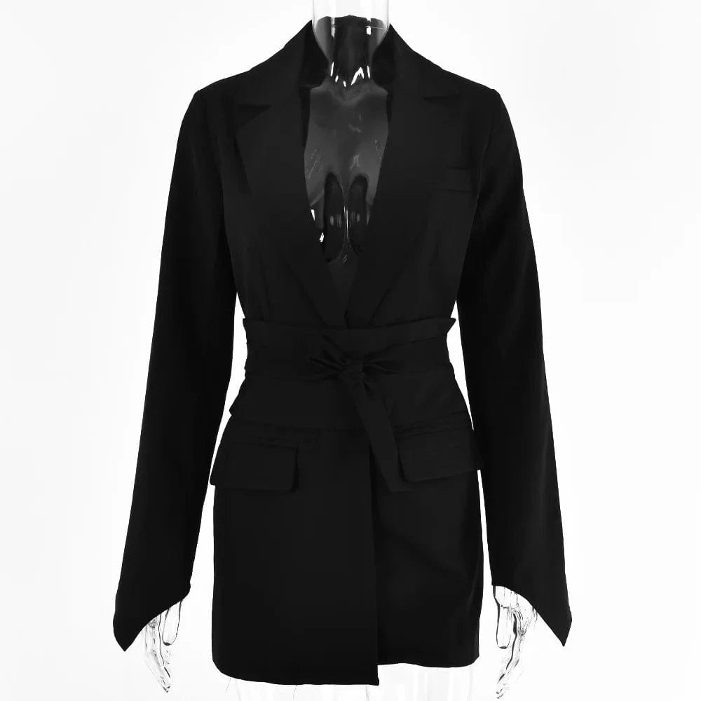 L / Black Women Fashion Casual Blazer Spring New Solid Color Long-sleeved Cardigan Belt Tunic Jacket