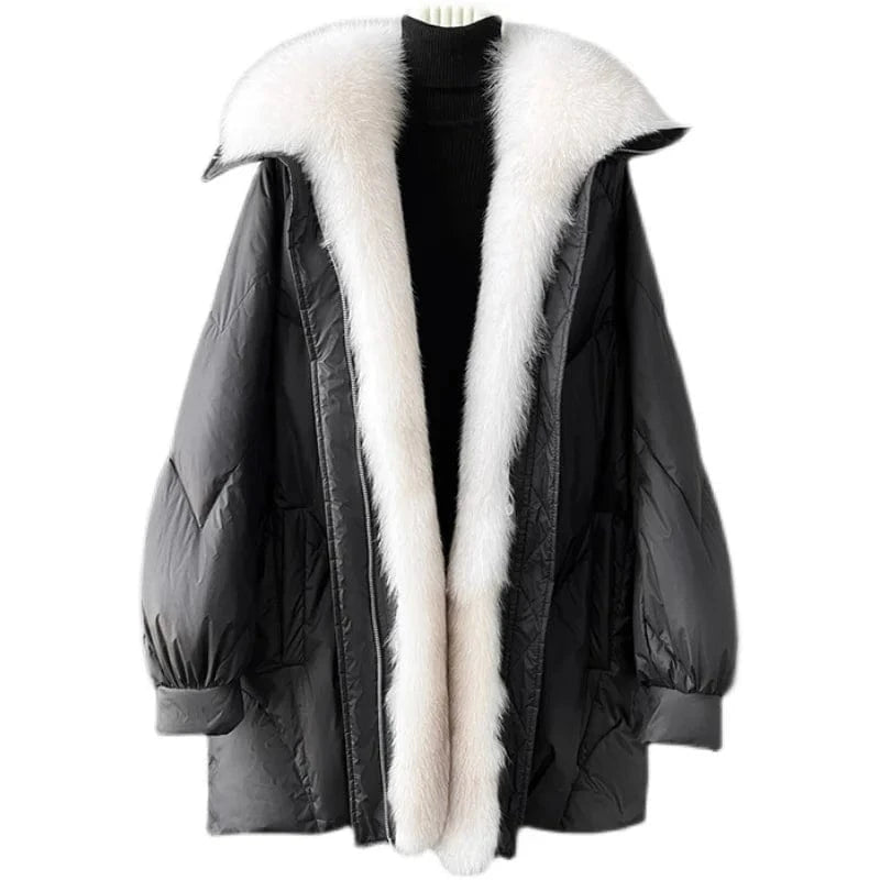 L / Black Women Fox fur Collar Loose Style Fur Coat Lady Girl Goose Down Warm Jacket Winter Parka JT3156