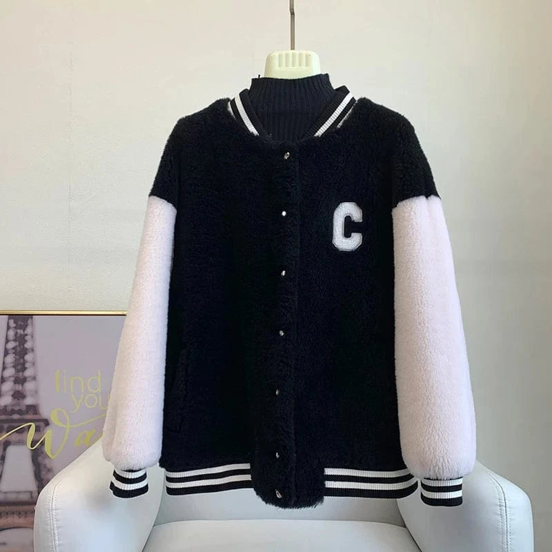L / Black Women Girl Sheep Shearling Baseball Warm Coats Female Lady Lamb Wool Fur Jacket Winter Overcoat JT3276