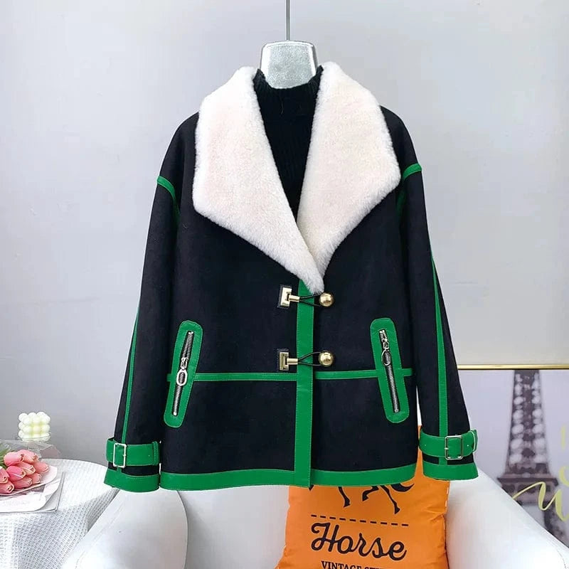 L / Black Women Girl Warm Fashion Coat Female Inner Lamb Wool Fur Winter Parka Ins Overcoat JT3198