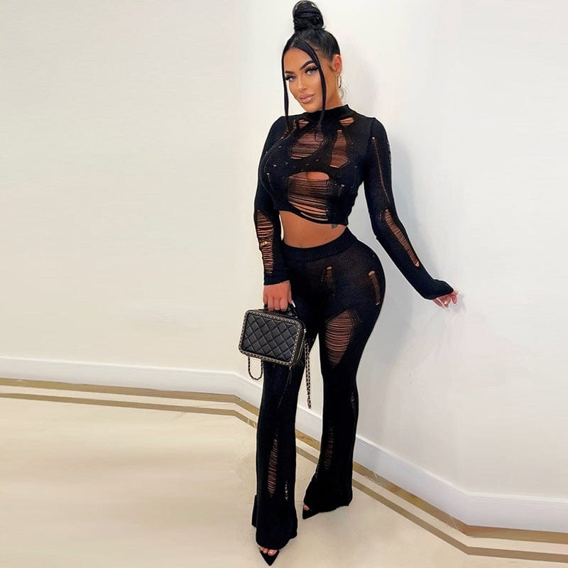 L / black Women Knitted Outfits Autumn Hollow out 2 Piece Set Women Set Soild Crop top Two  Piece Set with Flare Pants