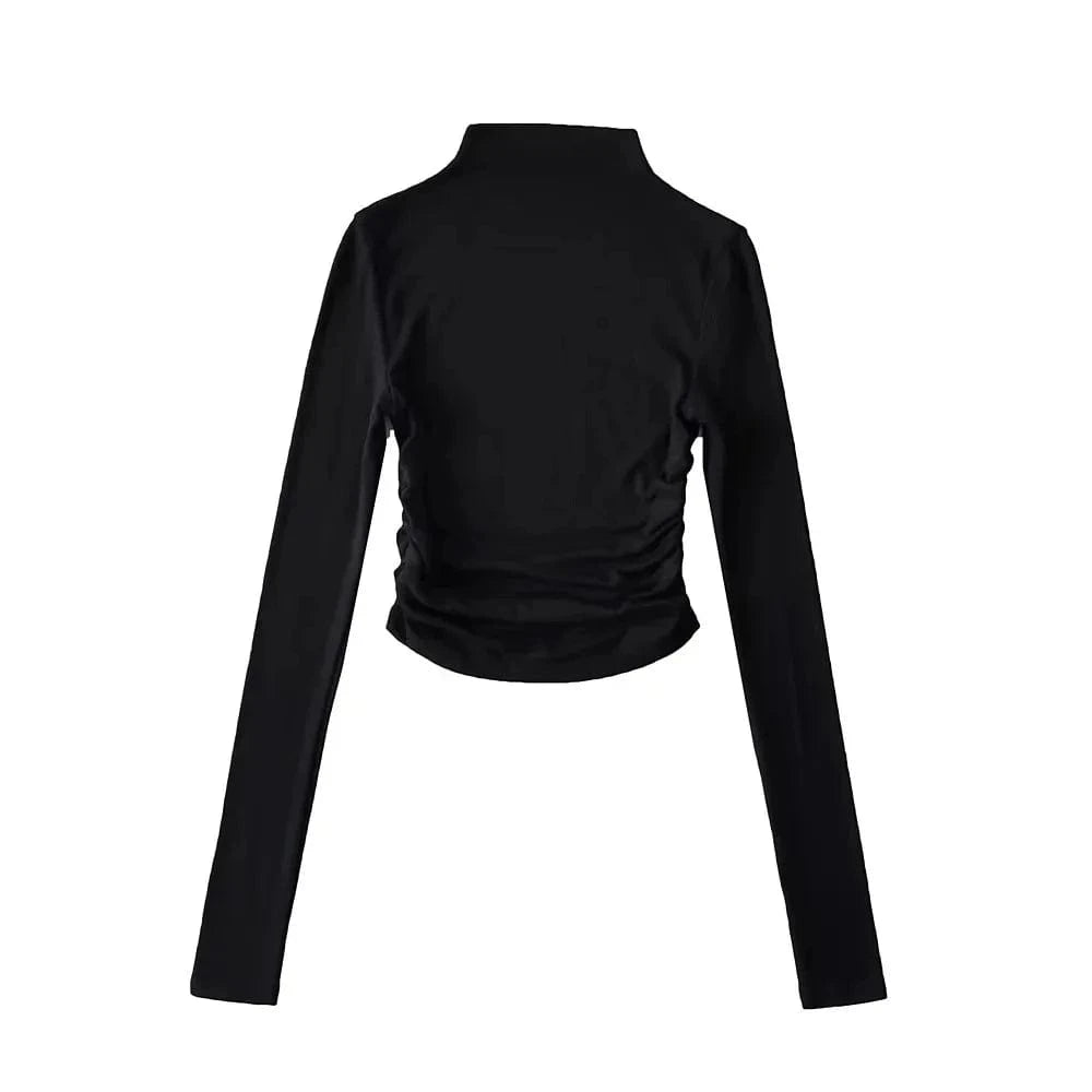 L / Black Women Long Sleeve Basic Candy Color Turtleneck Crop Top with Elastic Side Stack High Stretch Cotton Mock Neck Tops