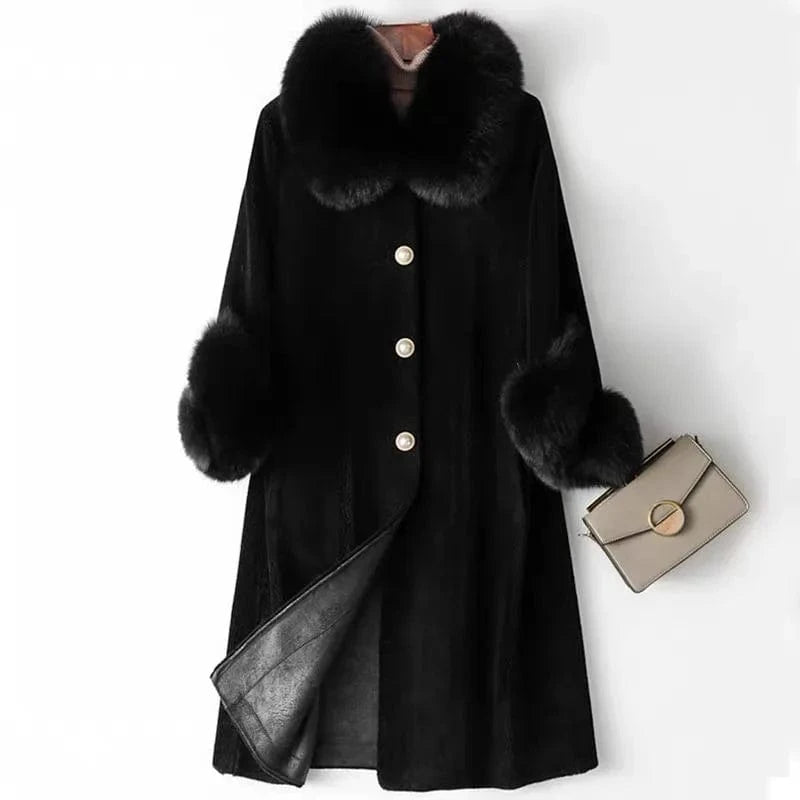 L / Black Women Real wool sheep shearling fur coat women fox collar winter warm genuine fur coat winter warm coat A19003