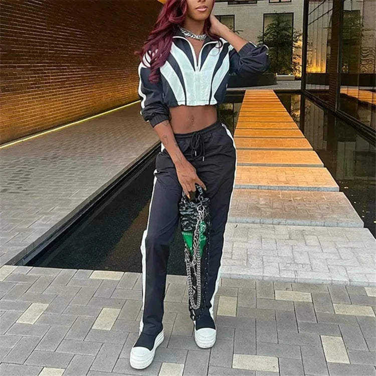 L / Black Zip Up Patchwork Pants Set Women Color Block Tracksuits Long Sleeve Two Pieces Outfits