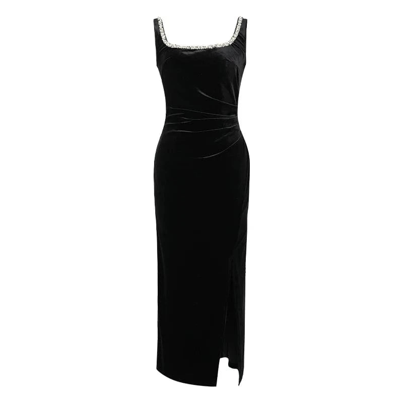 L / Black ZYHT 9678 Natural Waistline Fits Beading Design Long Velvet Dresses Women's Casual Retro-Style Slip Dress
