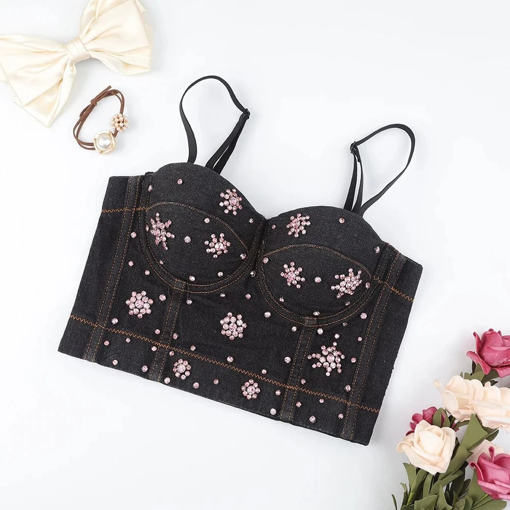 L / Black1 Blue Black customized shiny snowflake diamond pattern denim women's underwear