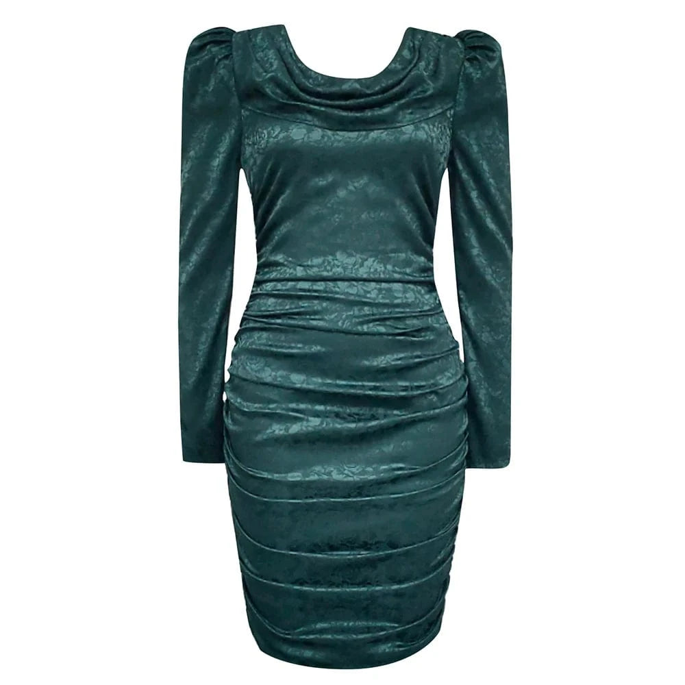 L / Blackish Green WBH0354 Luxury U Neck Green Woman Dress Autumn Puff Sleeve Pleat High Quality Elegant Evening Dresses Slim Vestidos for Woman